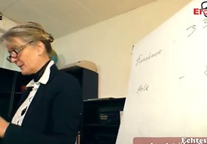 Old lady in slutty stockings takes it from behind